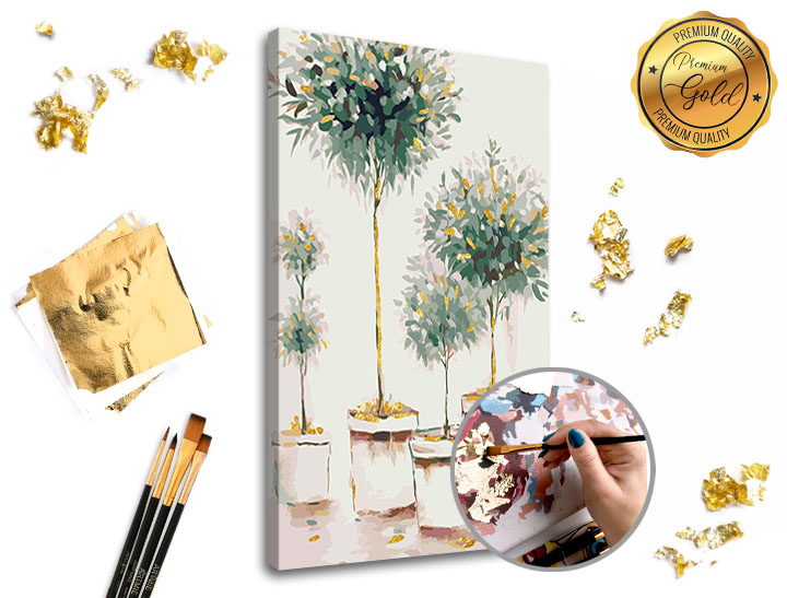 Malování podle čísel PREMIUM GOLD – Stromový sad - 40x60 cm Sada na malování podle čísel ARTMIE se zlatými plátky
