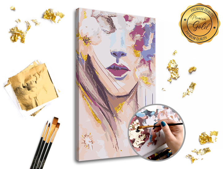 Malování podle čísel PREMIUM GOLD – Žena s květinami - 40x60 cm Sada na malování podle čísel ARTMIE se zlatými plátky