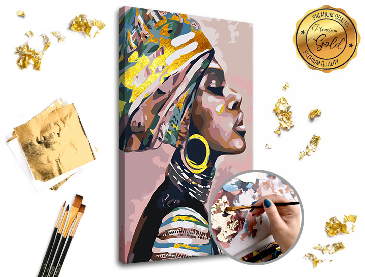 Malování podle čísel PREMIUM GOLD – Žena s turbanem - 60x40 cm Sada na malování podle čísel ARTMIE se zlatými plátky