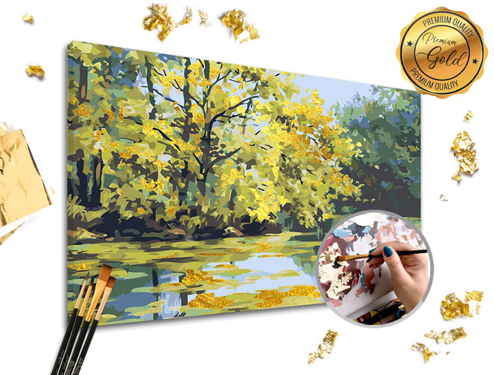 Malování podle čísel PREMIUM GOLD - Jezero - 60x40 cm Sada na malování podle čísel ARTMIE se zlatými plátky