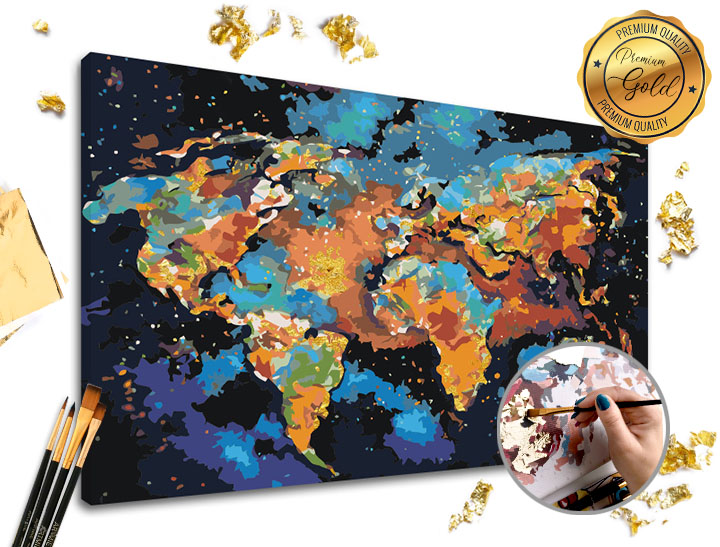 Malování podle čísel PREMIUM GOLD – Barevný svět - 60x40 cm Sada na malování podle čísel ARTMIE se zlatými plátky