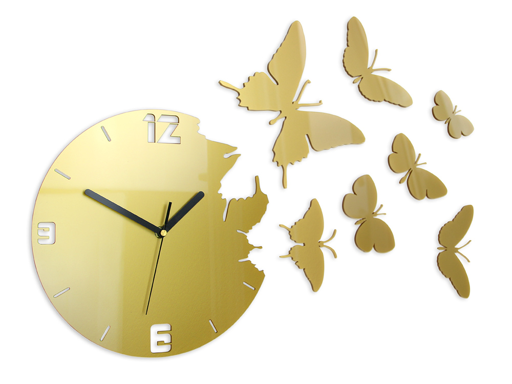 Moderní nástěnné hodiny MOTÝLE GOLD nalepovací hodiny na stěnu