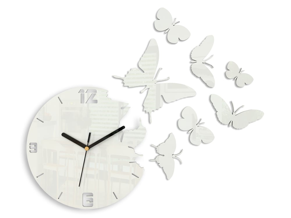 Moderní nástěnné hodiny MOTÝLE WHITE nalepovací hodiny na stěnu