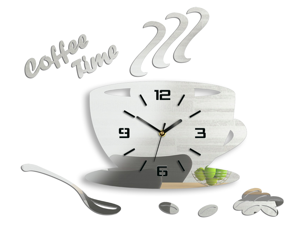 Moderní nástěnné hodiny COFFE TIME 3D MIRROR nalepovací hodiny na stěnu
