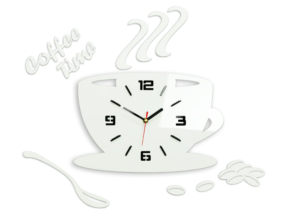 Moderní nástěnné hodiny COFFE TIME 3D WHITE nalepovací hodiny na stěnu