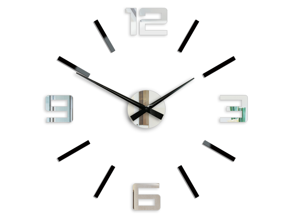 Moderní nástěnné hodiny SILVER XL BLACK-MIRROR nalepovací hodiny na stěnu