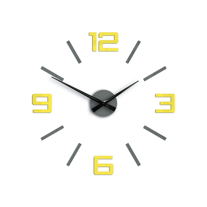 Moderní nástěnné hodiny SILVER XL GREY-YELLOW nalepovací hodiny na stěnu
