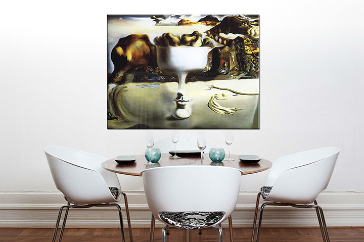 Obraz na plátně PŘÍZNAK NA OBLIČEJ A OVOCNÝ NÁDOB NA PLÁŽI - Salvador Dalí RE 30x50 cm